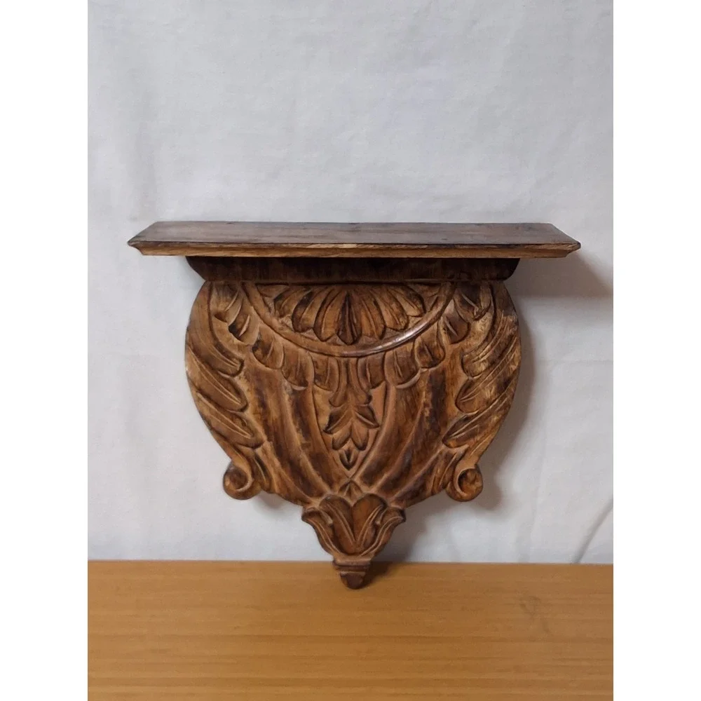 Vintage 1970s Indian Hand Carved Wood Floating Wall Shelf
